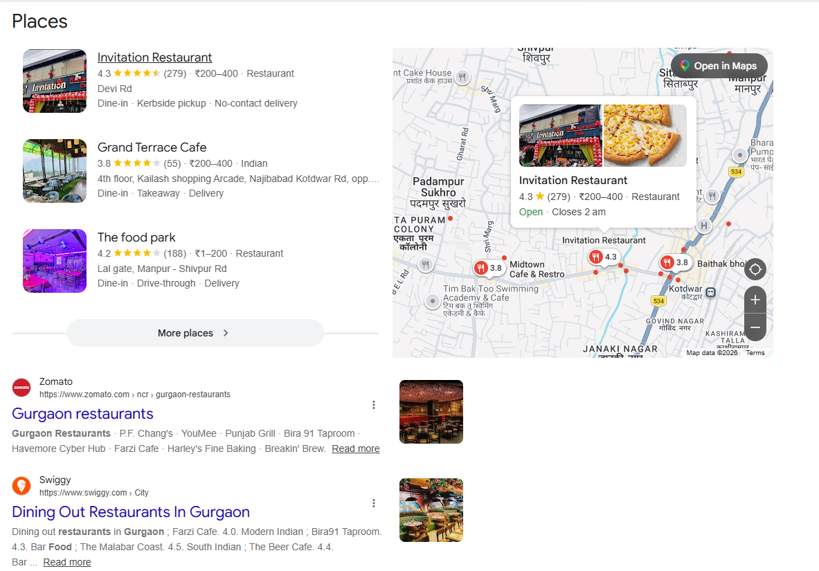 Google Search local results showing restaurant listings and a map pack
